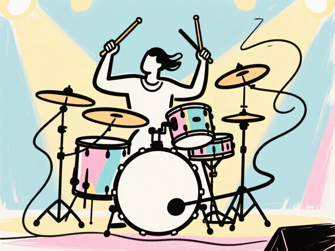 A drummer playing an energetic solo on a brightly lit stage.