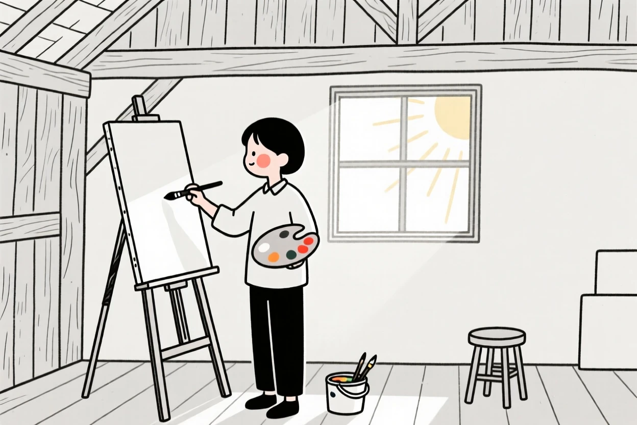 A painter in a sunlit studio in a rustic barn.