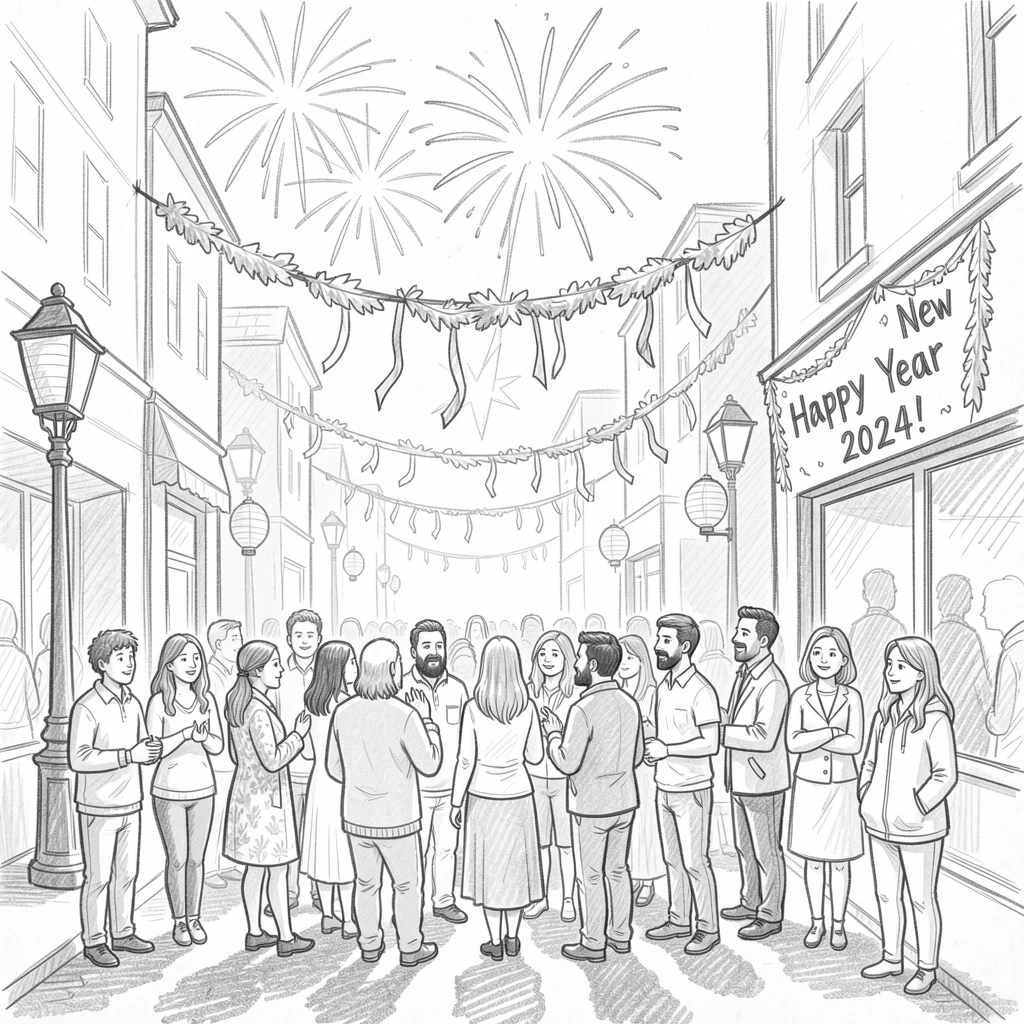 A festive scene of a New Year's Eve countdown under fireworks along a festively decorated street, with an atmosphere of celebration and togetherness.