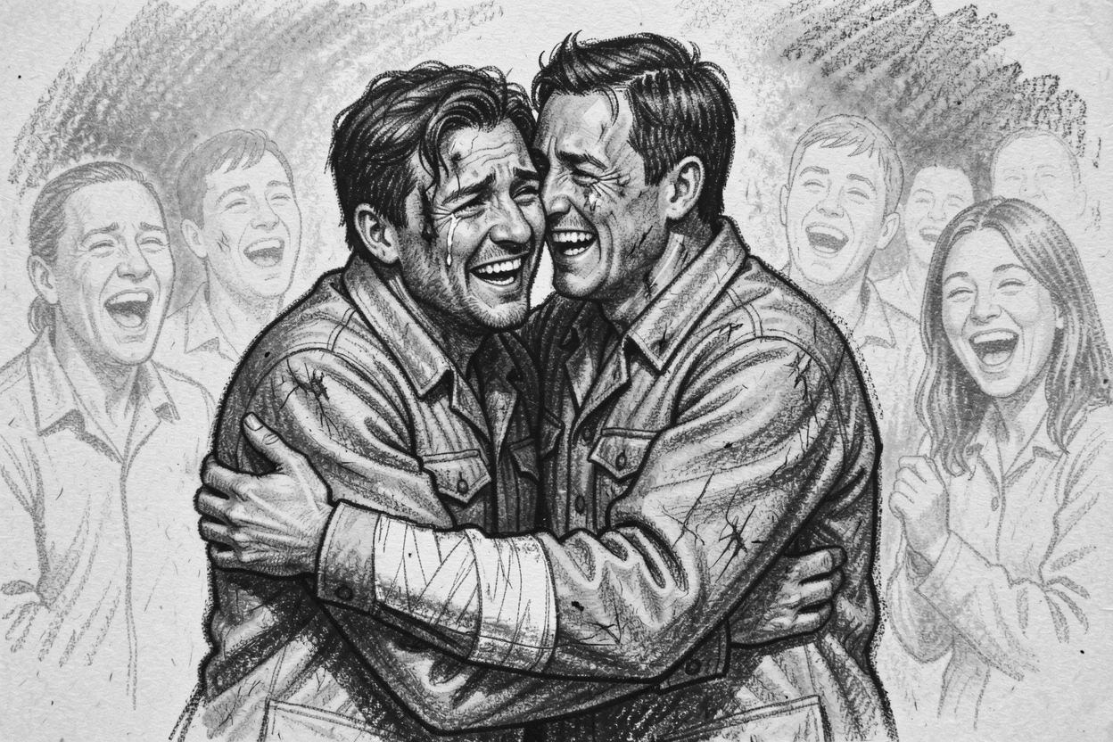 A wounded soldier being welcomed home with an embrace, as laughter fills the air around them.