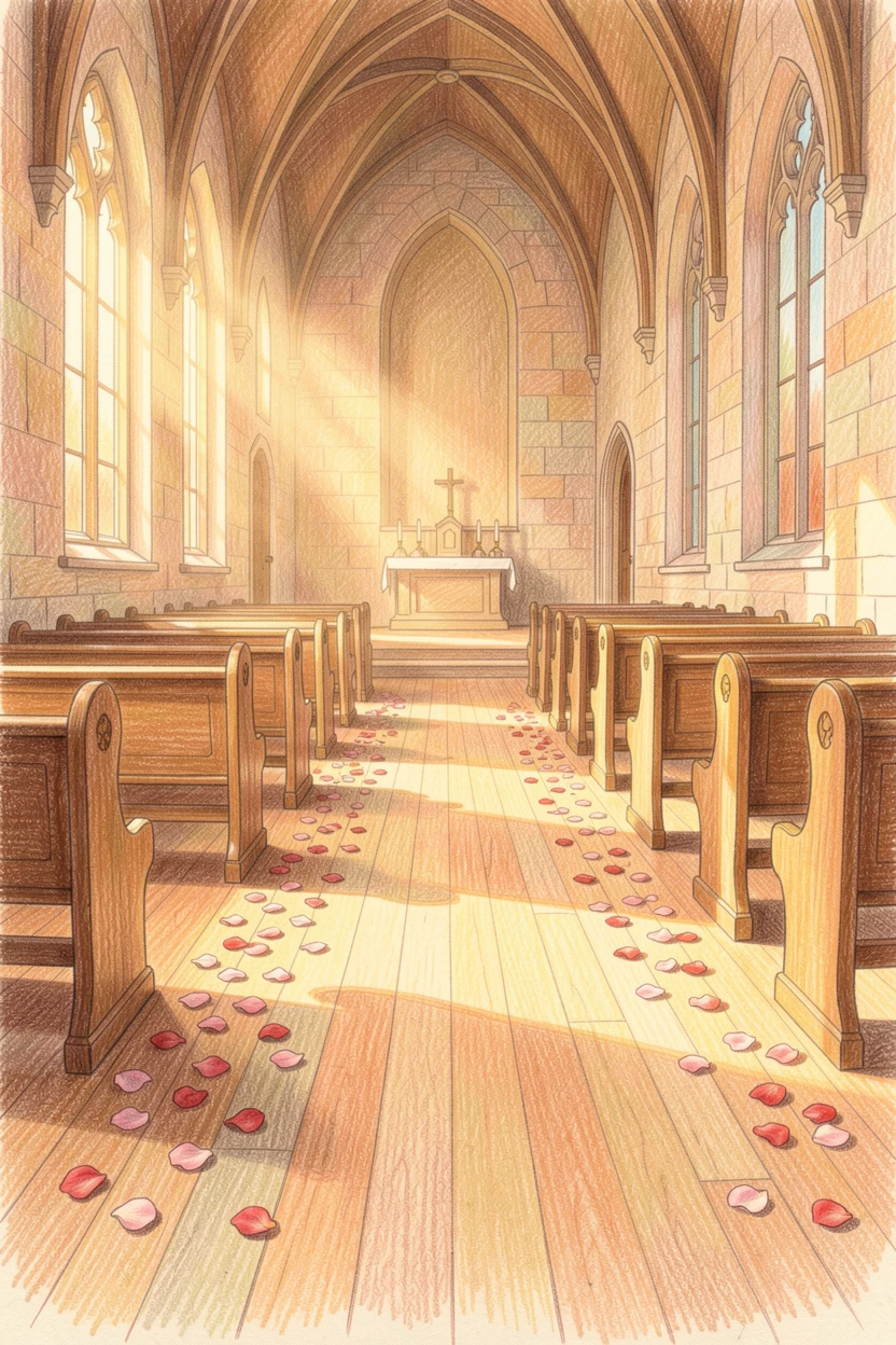 A quiet chapel aisle strewn with rose petals for a wedding, bathed in the warm glow of golden-hour light, radiating comfort, joy, and quiet beauty.