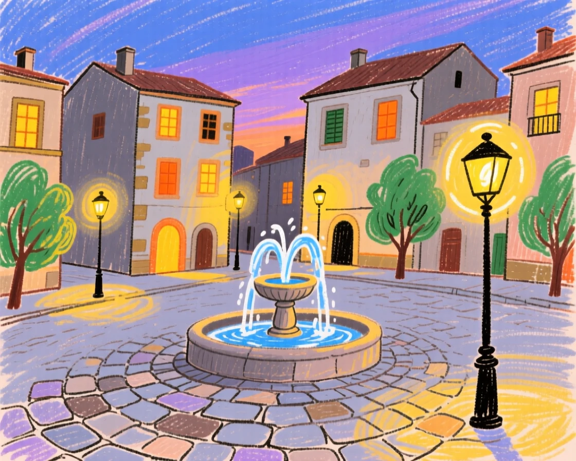 A view of a historic town square glowing warmly as evening lights begin to switch on.