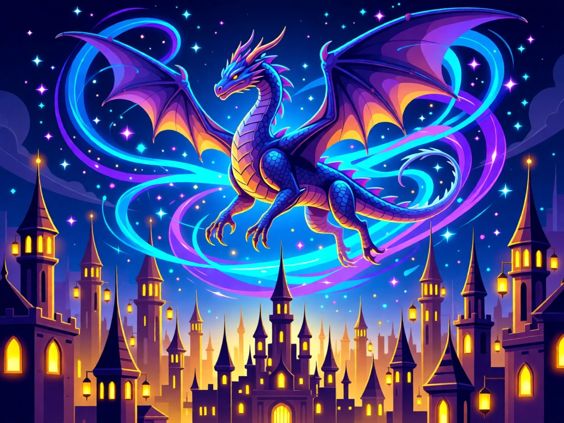 A dragon soaring above a kingdom of glowing lantern-lit towers, surrounded by swirling magical energy and sparkling light, arranged with dramatic lighting emphasizing the magical elements, with subtle magical particles drifting through the air.