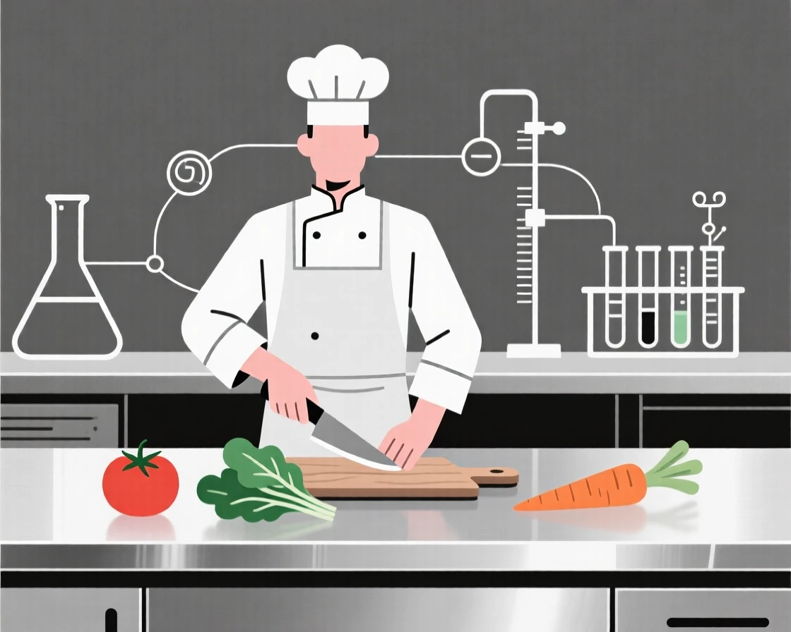A focused chef in a kitchen working at a research laboratory, surrounded by fresh ingredients, expressing collaborative energy.