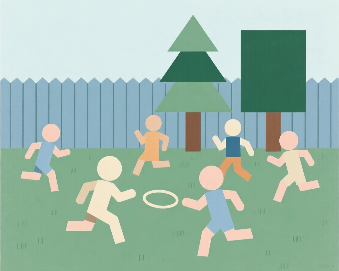 A group of kids playing tag in a backyard