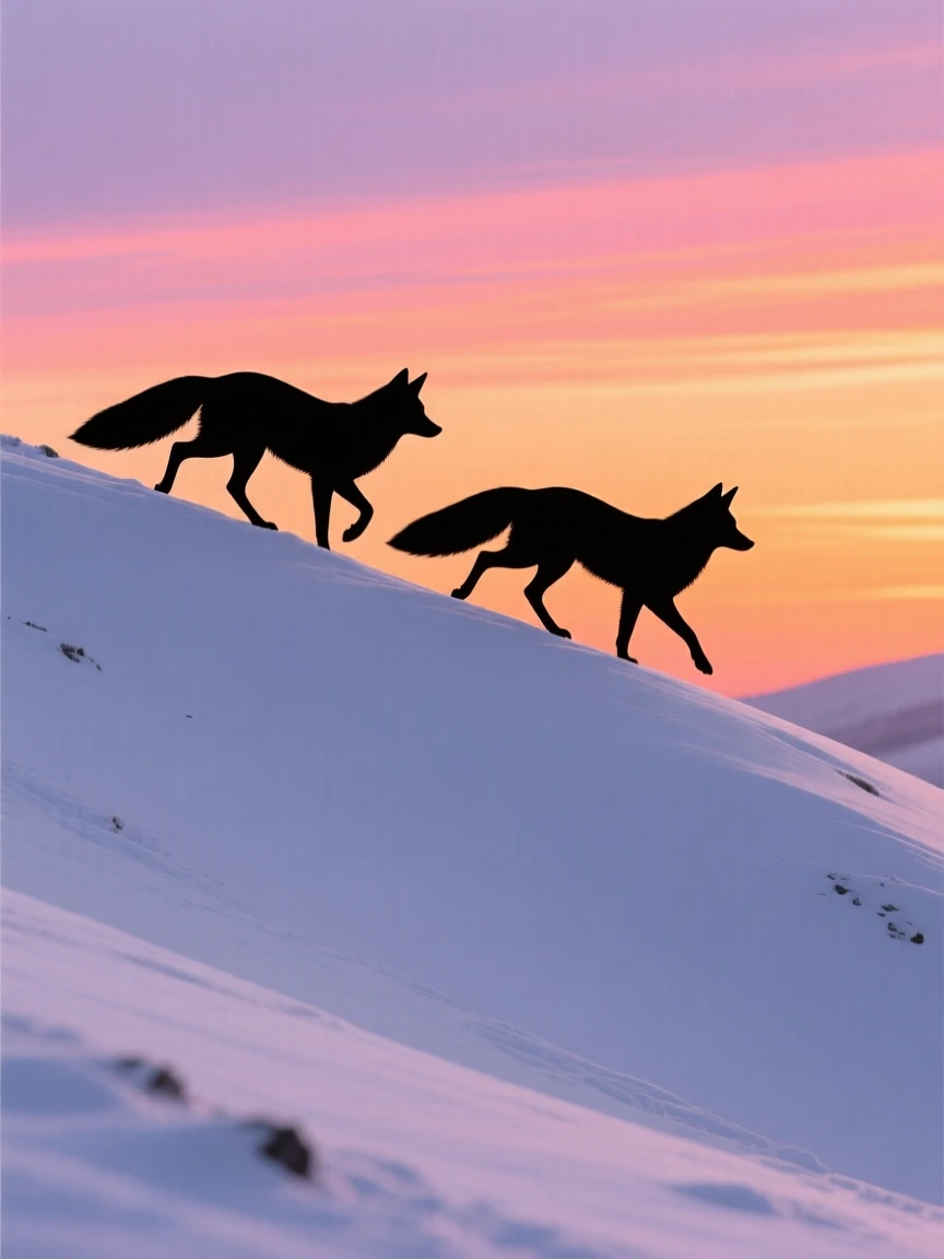 A pair of foxes trotting single file along the crest of a snowy ridge.