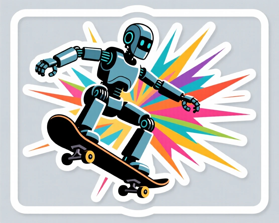 A confidently cool cool skateboarding robot doing a trick, framed by a burst of colorful energy, during a thrilling made-up quest.