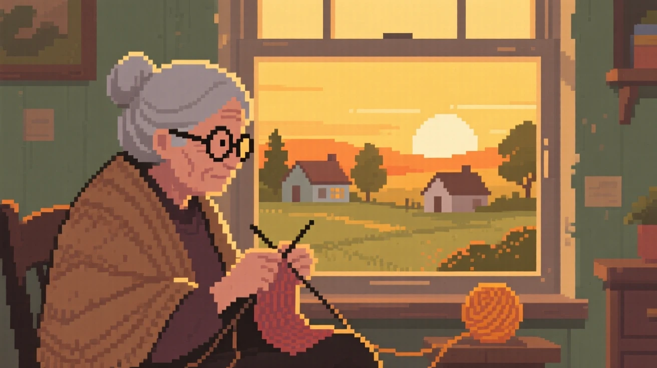A grandmother knitting by the window captured in the golden light of early morning, in a small countryside town at sunset.
