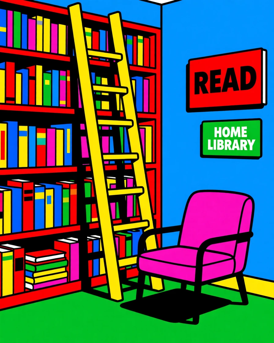 Home library corner with a ladder and a cozy chair