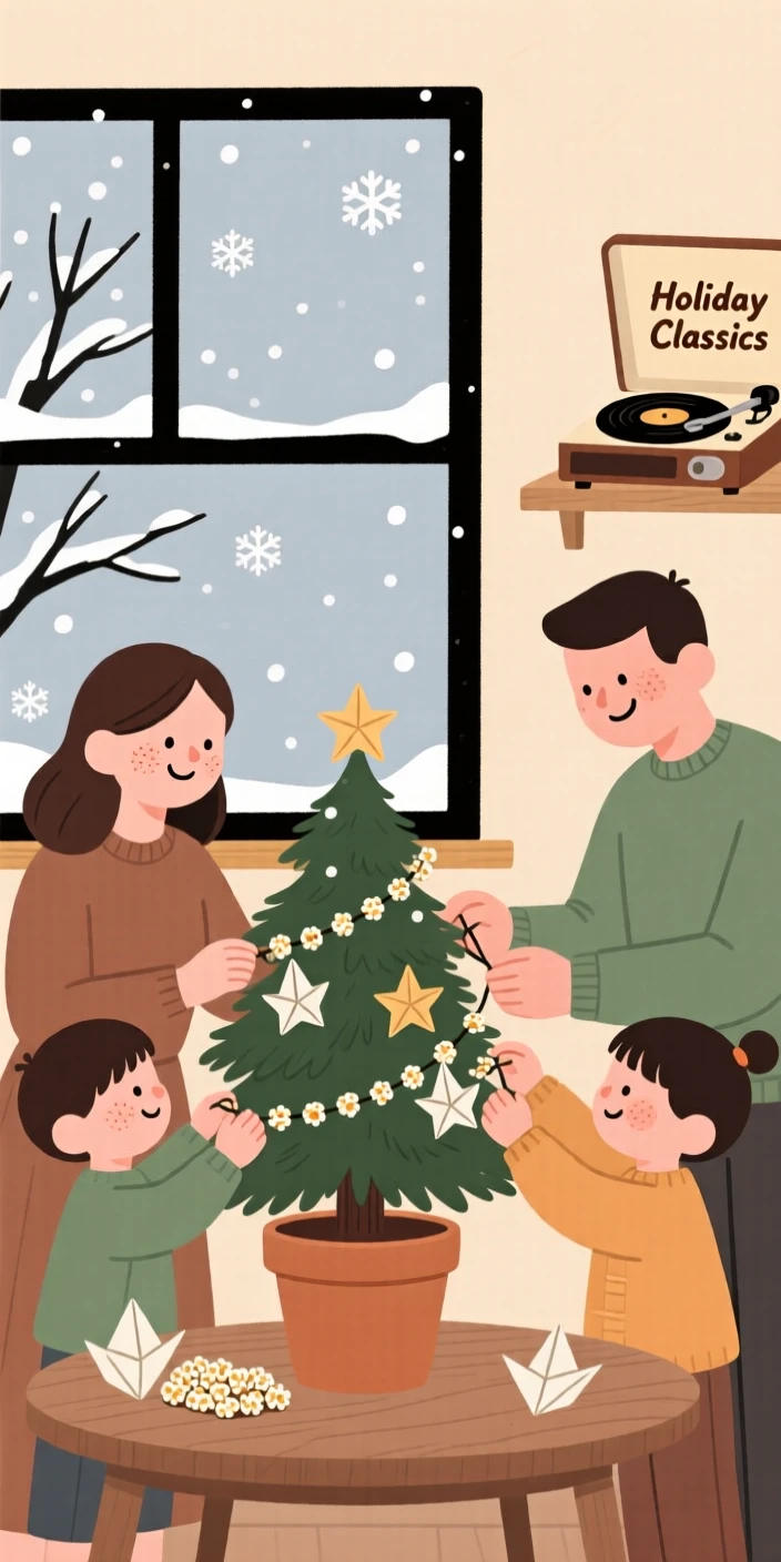 A family decorates a small potted fir with strings of popcorn and paper stars while an old holiday record plays softly and the first snow of winter falls outside the window.