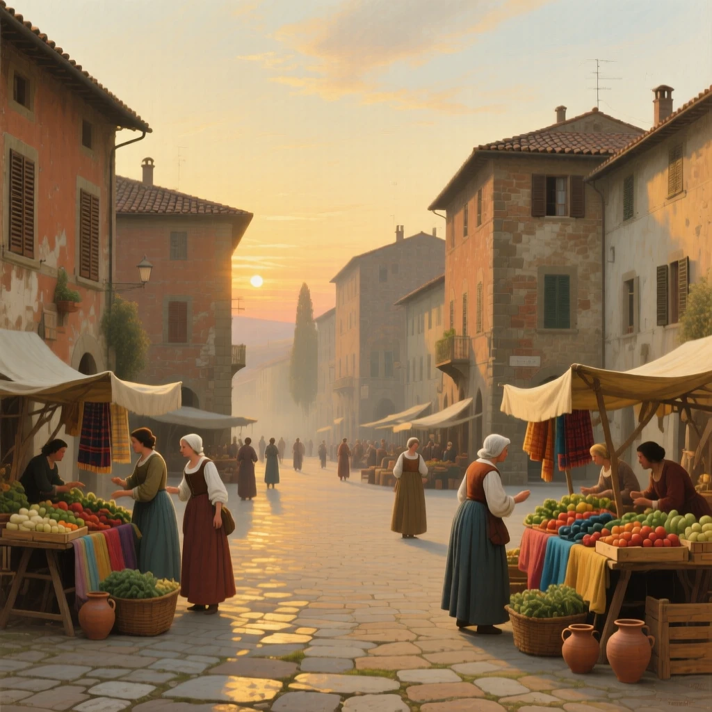 A centered composition of a medieval town square bustling with market stalls, in rural Tuscany, in the 18th century, just after sunrise.