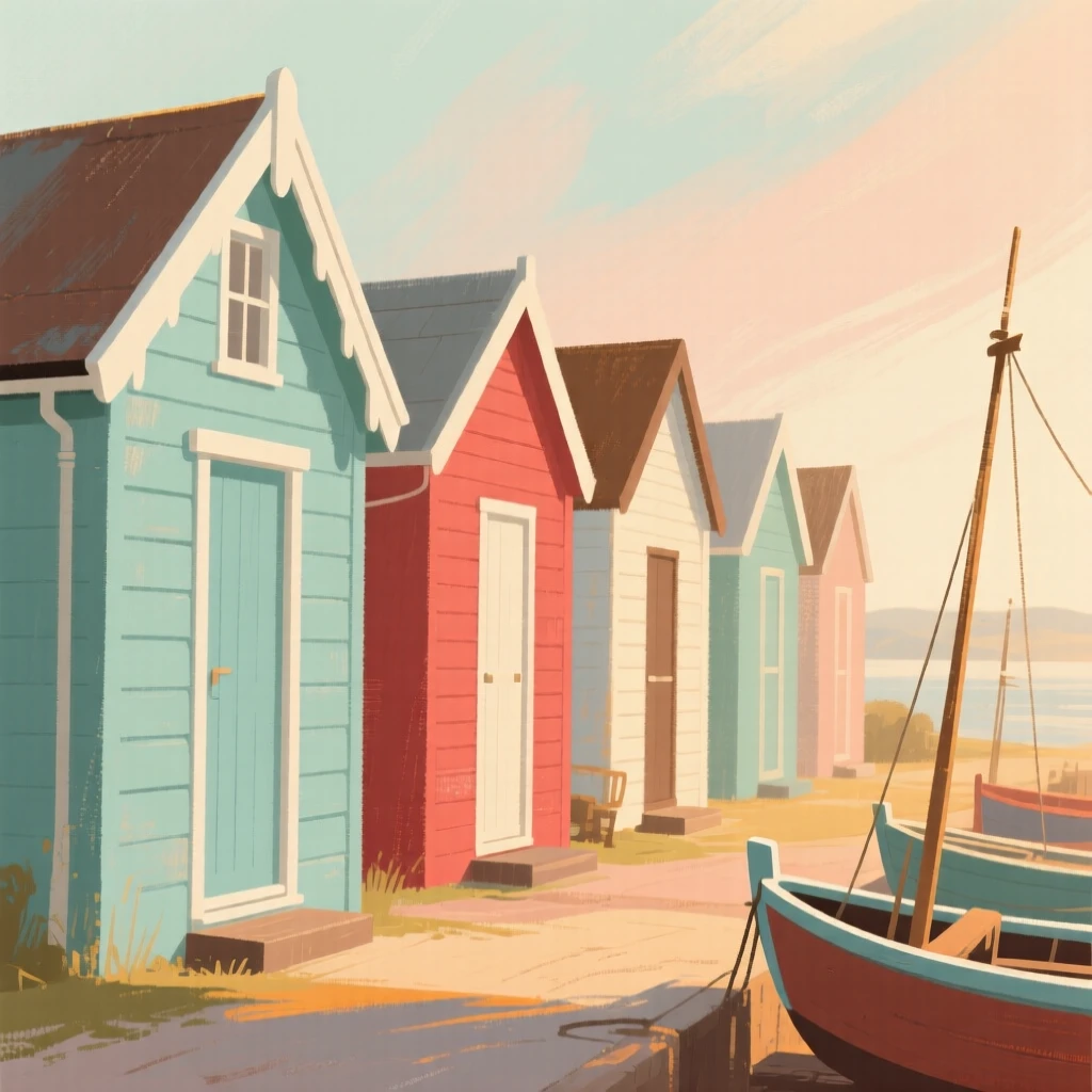 A row of fishermen's cottages painted in faded shades of blue and red