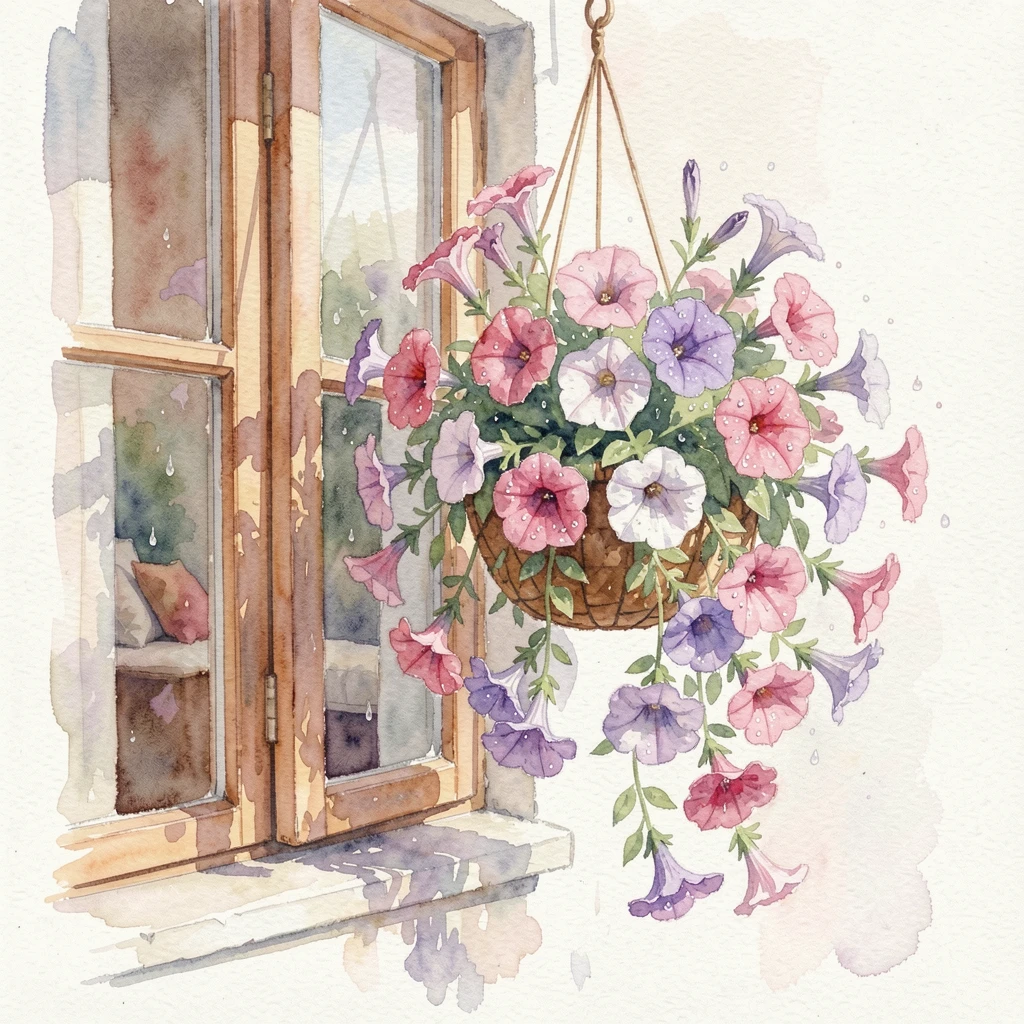 A hanging basket of trailing petunias beside an open window with morning dew on the petals.