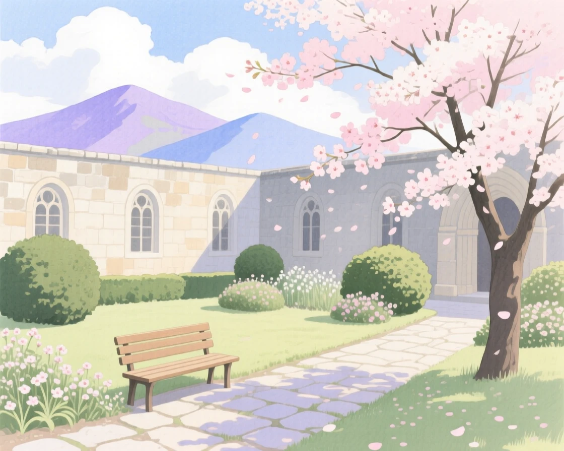 A serene view of a quiet monastery garden, as clouds part to reveal distant peaks, evoking calm and quiet reflection