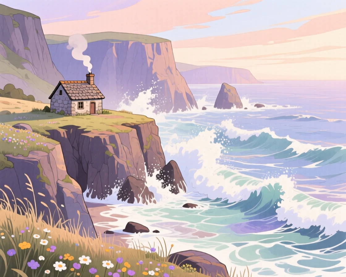 A dramatic coastline with cliffs meeting crashing waves, with a small stone cottage nestled in the distance, evoking peaceful serenity and awe.