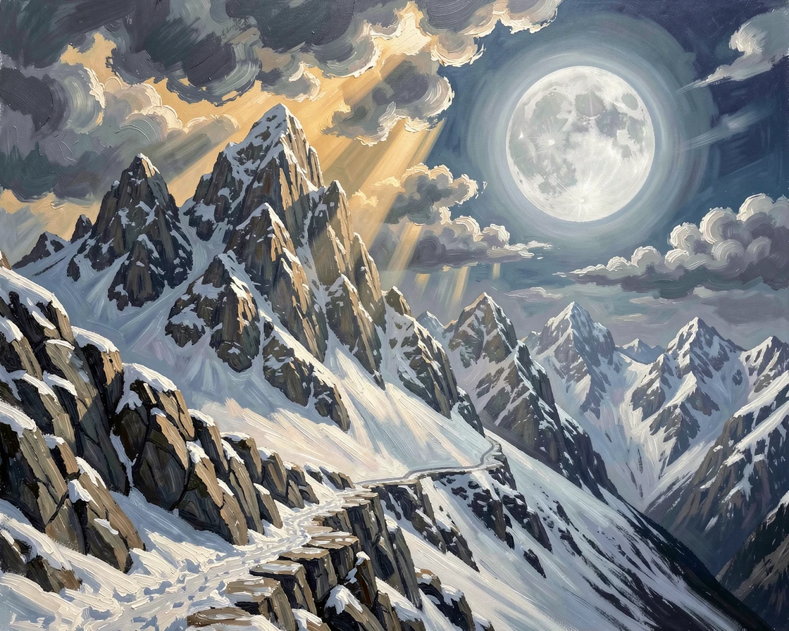 A jagged, snow-capped mountain range, along a narrow switchback trail carved into the rock, sunlight breaking dramatically through scattered storm clouds, in deep winter beneath a pale, glowing moon.
