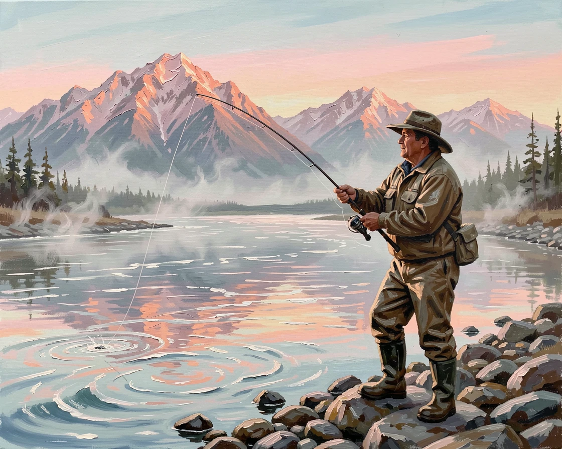 A fisherman casts a line into a pristine Alaskan river at dawn, mist rising off the water as mountains glow pink in the distance, the changing light of the hour adding a sense of urgency and beauty to the scene.