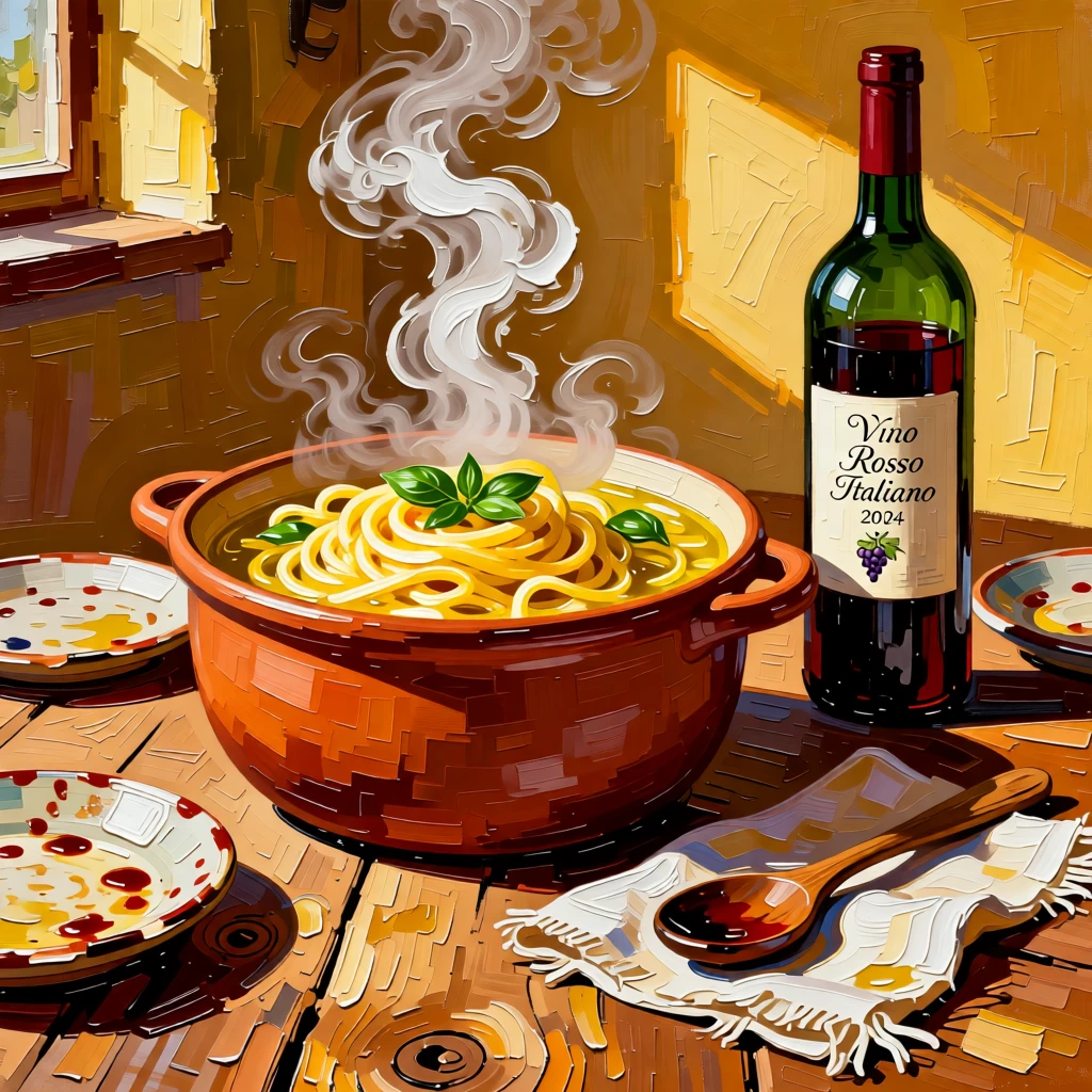 A rustic Italian kitchen table set with a steaming pot of fresh pasta and a bottle of red wine