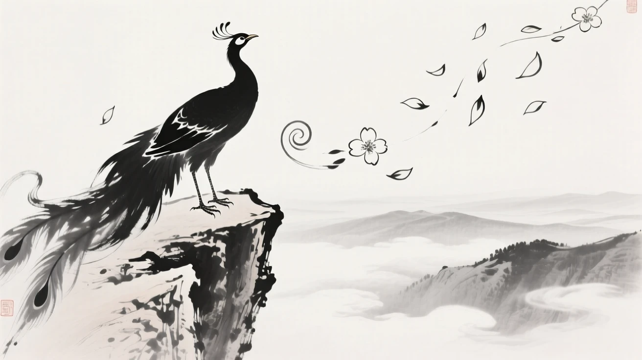 A phoenix perches on a cliff edge overlooking a valley of clouds, as flower petals swirl upward in its wake.