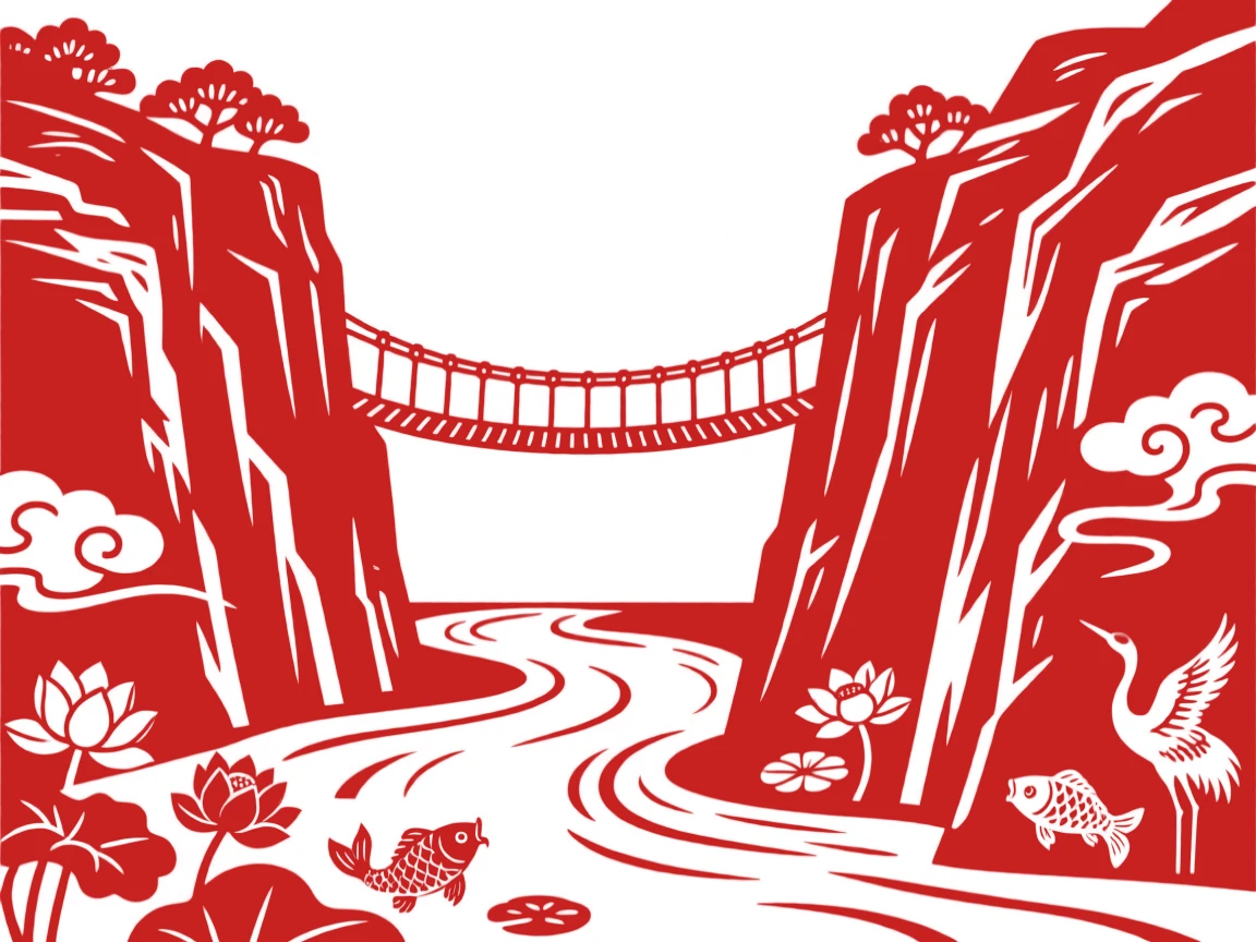 A dramatic gorge with sheer cliff walls and a river winding far below, a narrow suspension bridge strung between the rock faces