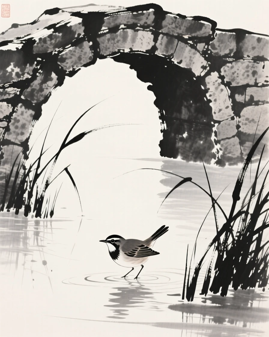 A nightingale wading through shallow reeds near an old stone bridge, seen up close with delicate feather detail, conveying serenity and effortless movement.