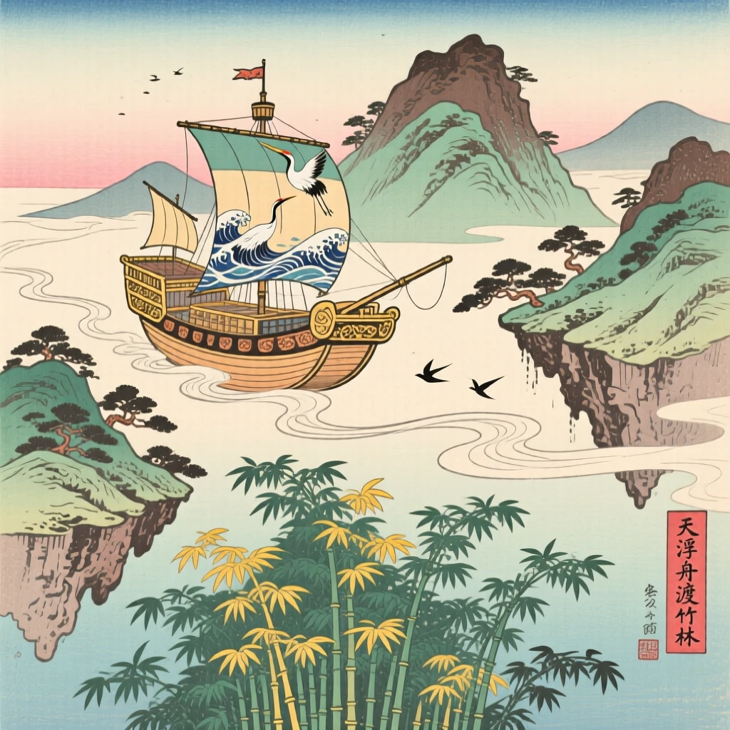 A sky ship sailing between floating mountains, winding through an ancient bamboo forest.