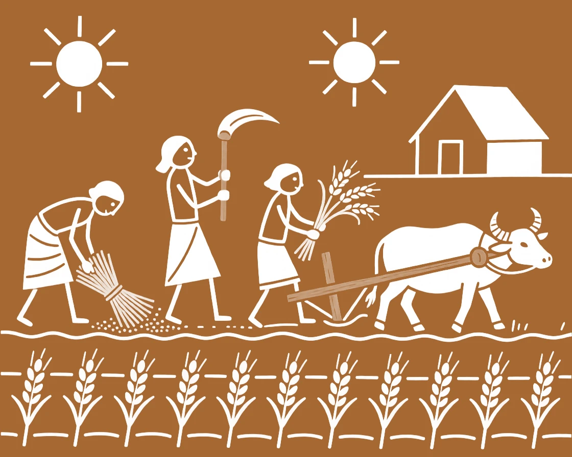 A family threshing wheat by hand plowing a field at the start of the planting season.