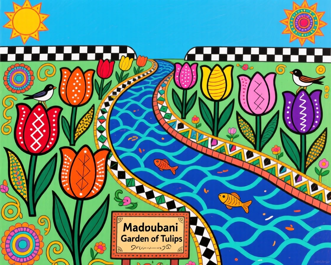 A garden of tulips arranged like ribbons of color beside a canal.