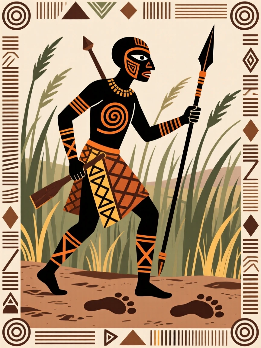 A hunter tracking footprints through tall grass.
