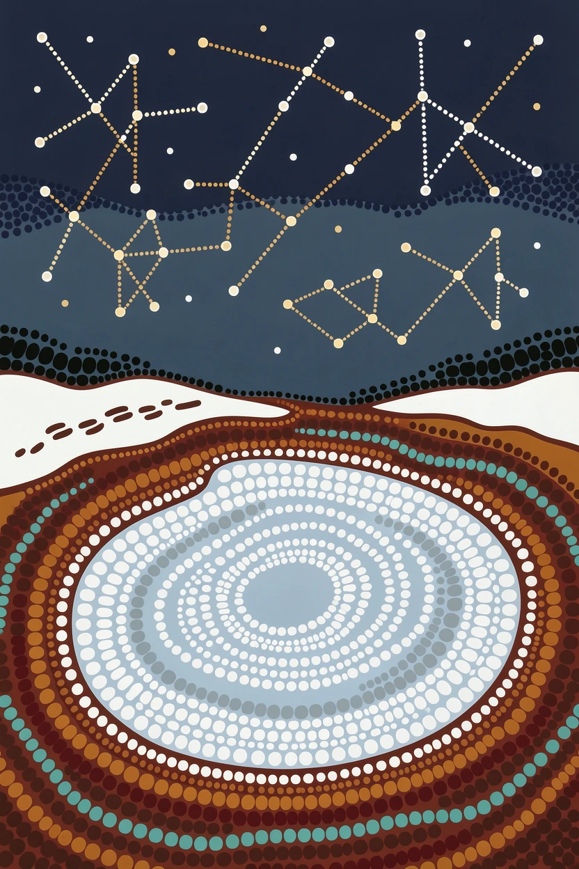 A frozen lake reflecting winter constellations