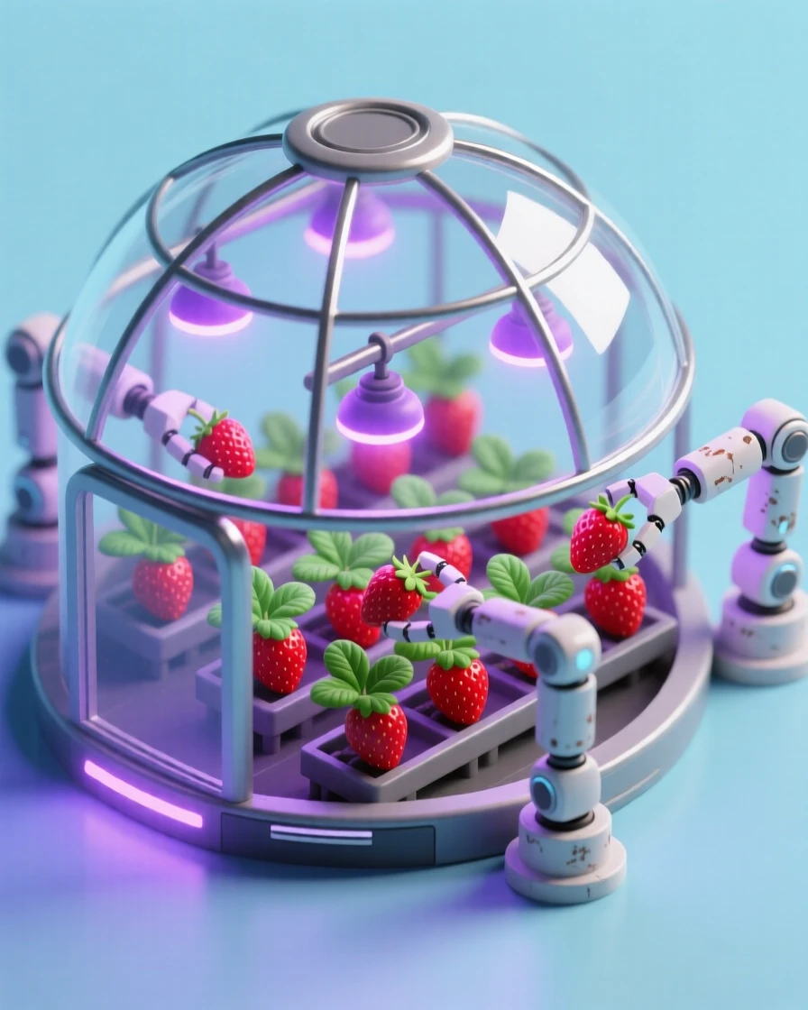 A space greenhouse tended by robotic arms, rows of strawberries glowing red beneath violet grow lamps.