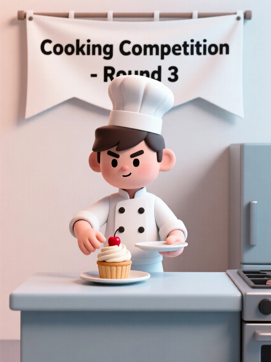 A determined young chef plates a dessert with careful precision during a nerve-wracking cooking competition.
