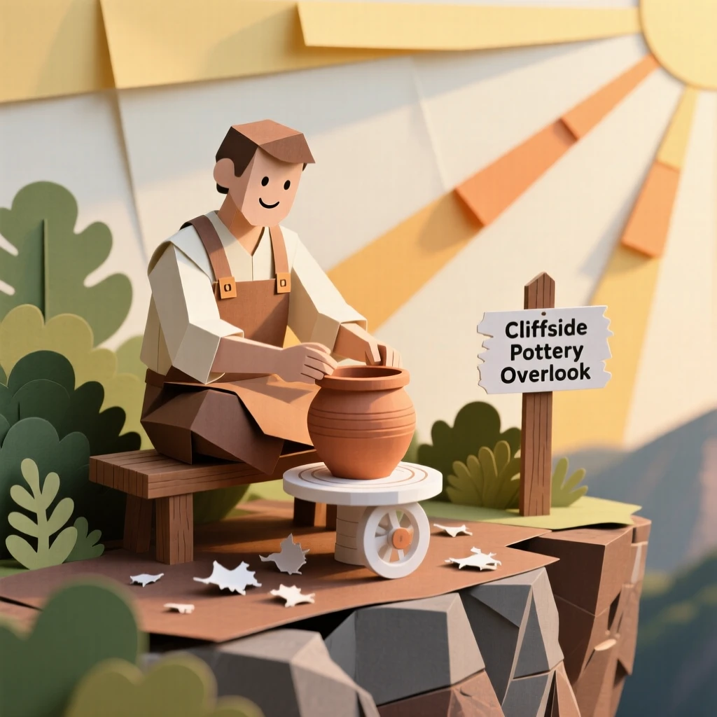 A skilled potter perched on a scenic cliffside overlook, with warm natural light streaming in, conveying quiet joy in a beloved pursuit.