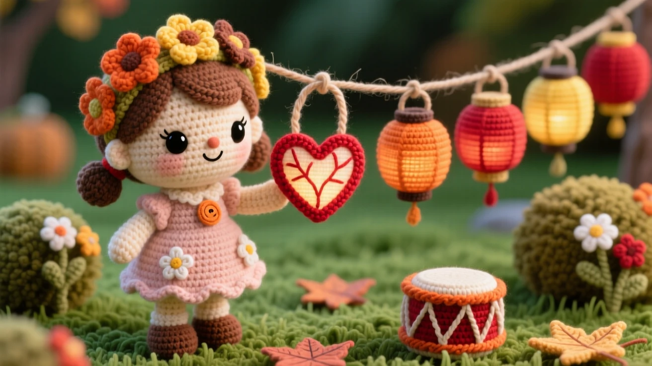 a little girl holding a small paper heart lantern, for a festival of gratitude, hanging it beside a row of others, at a family garden set for a harvest gathering, with a small drum resting nearby, radiating joyful community celebration and shared tradition.