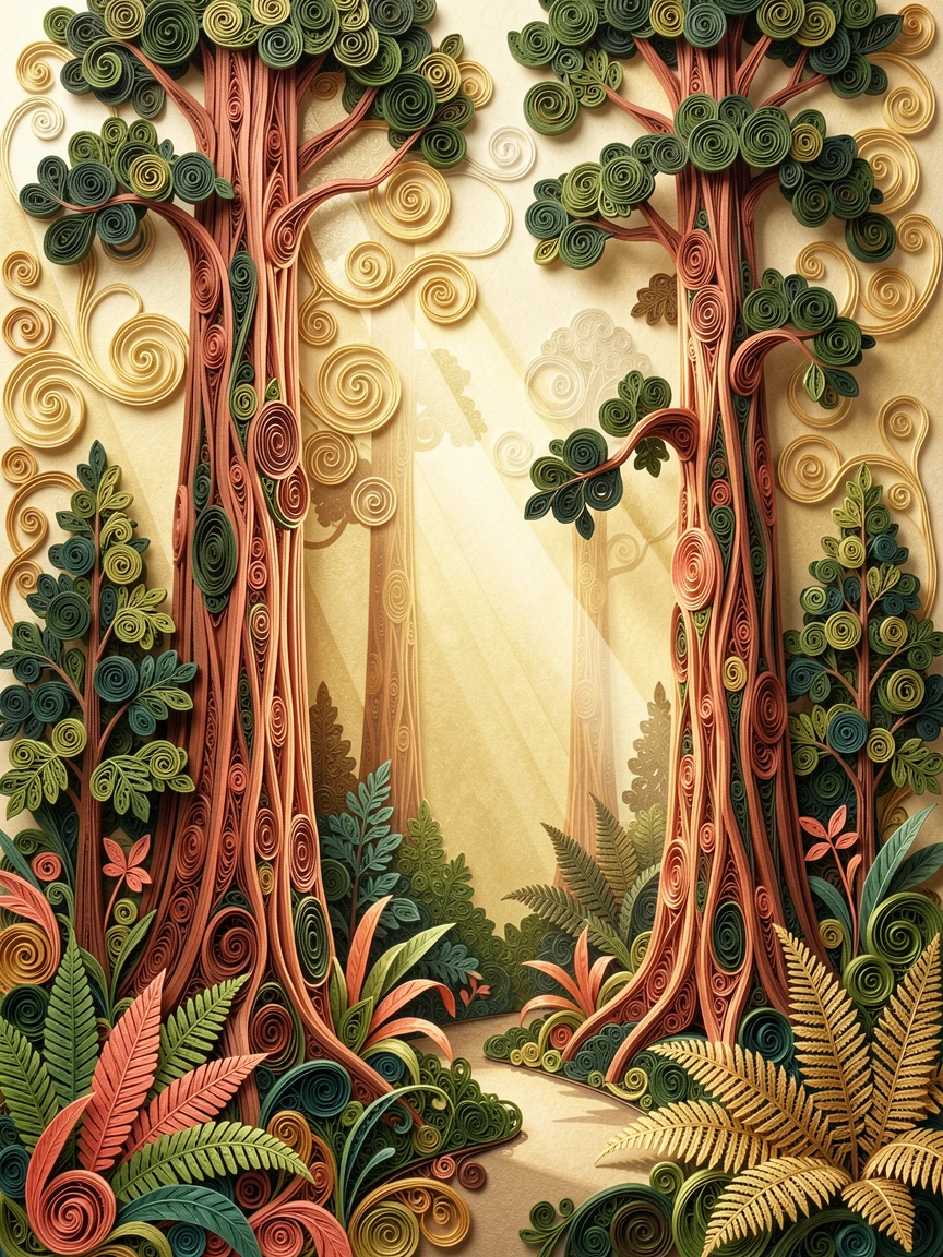 A serene botanical study of a towering redwood forest with sunbeams breaking through in an overgrown secret garden corner, in a rich gradient of coral, gold, and green, layered from foreground to background for depth.