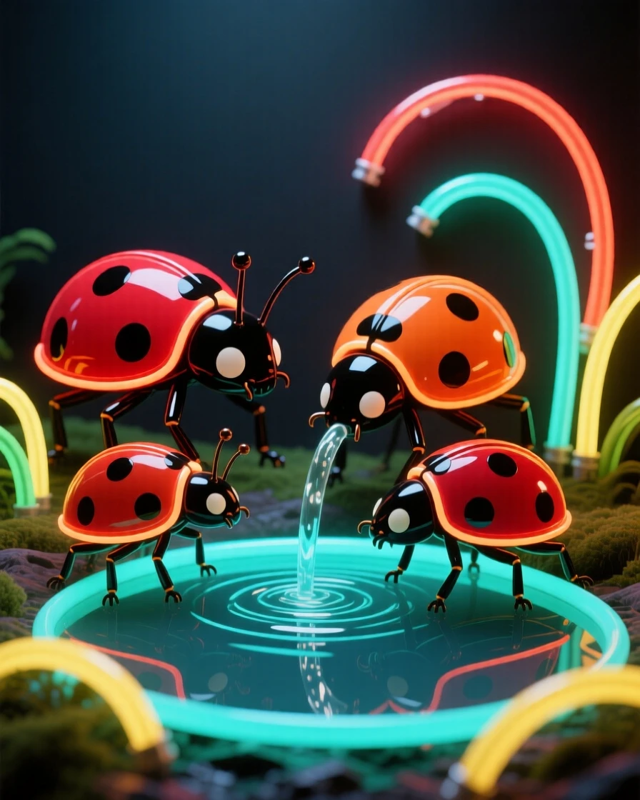 A family group of ladybugs gathered near a watering hole.