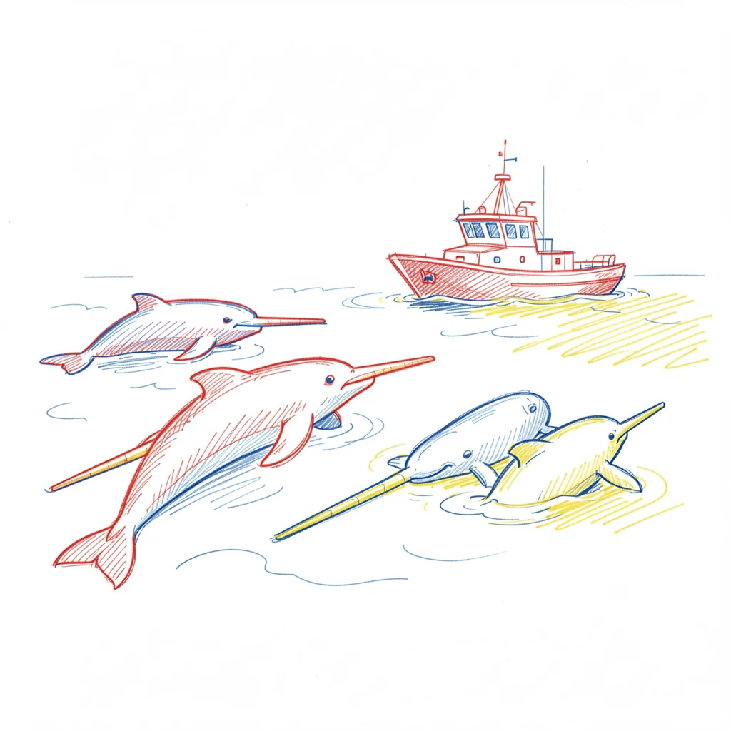 A pod of narwhals surfacing beside a small research vessel