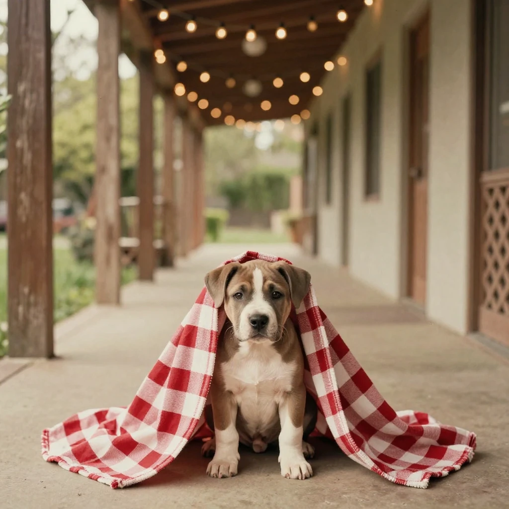 A puppy peeking out from beneath a checkered picnic blanket, under strings of warm string lights, on a clear, cloudless day, in early spring, with a soft sepia-tinted glow, framed symmetrically down a long corridor.