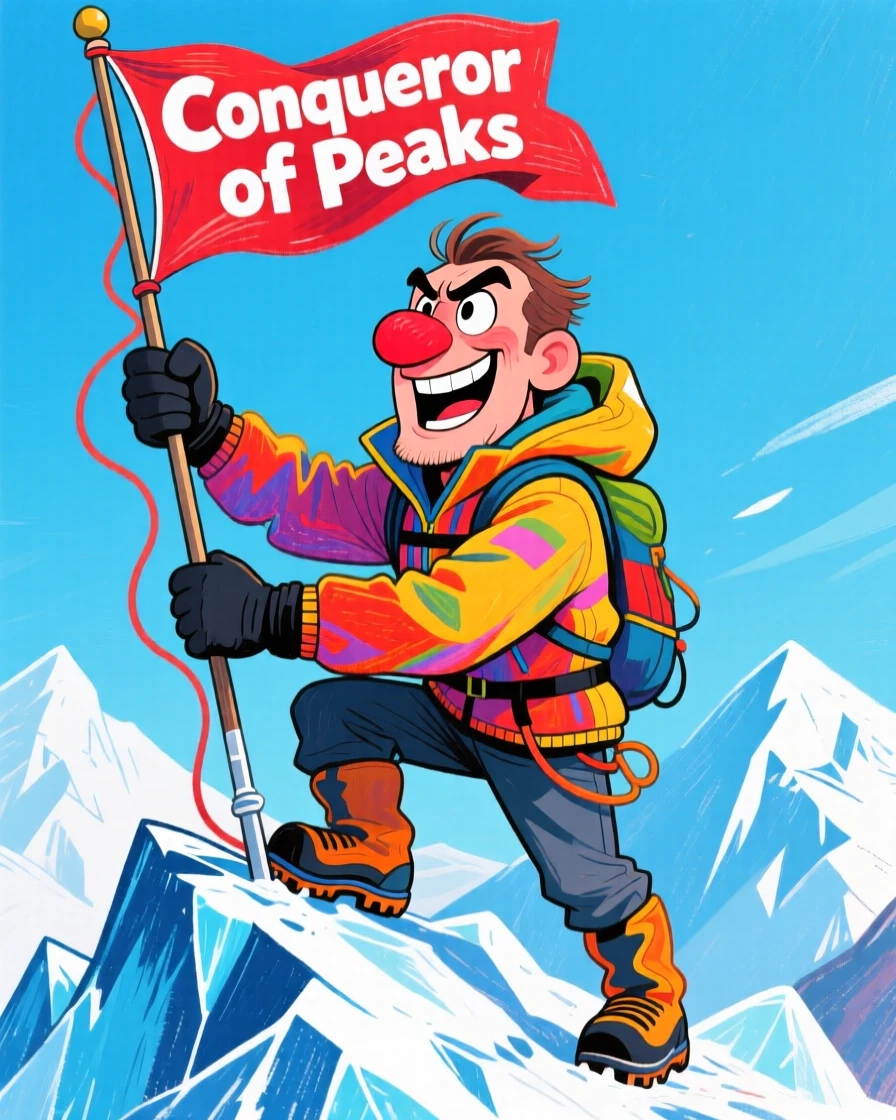 A determined mountaineer planting a flag at the summit of an icy peak.