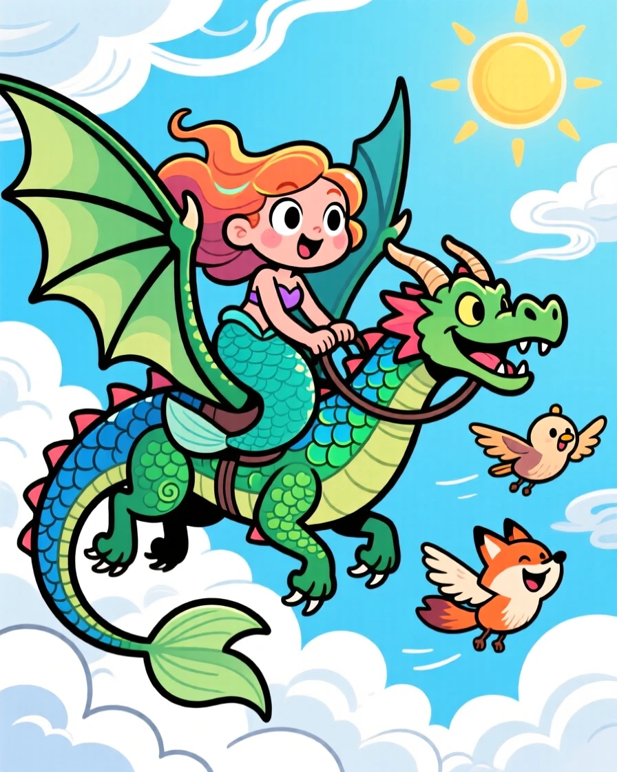 An imaginative fantasy scene of a curious mermaid soaring above the clouds on the back of a magnificent dragon, with a loyal companion creature close behind.