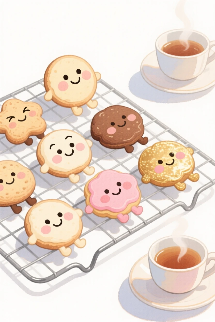 A cozy, appetizing, elegant and intimate scene of a tray of fresh-baked cookies cooling on a wire rack