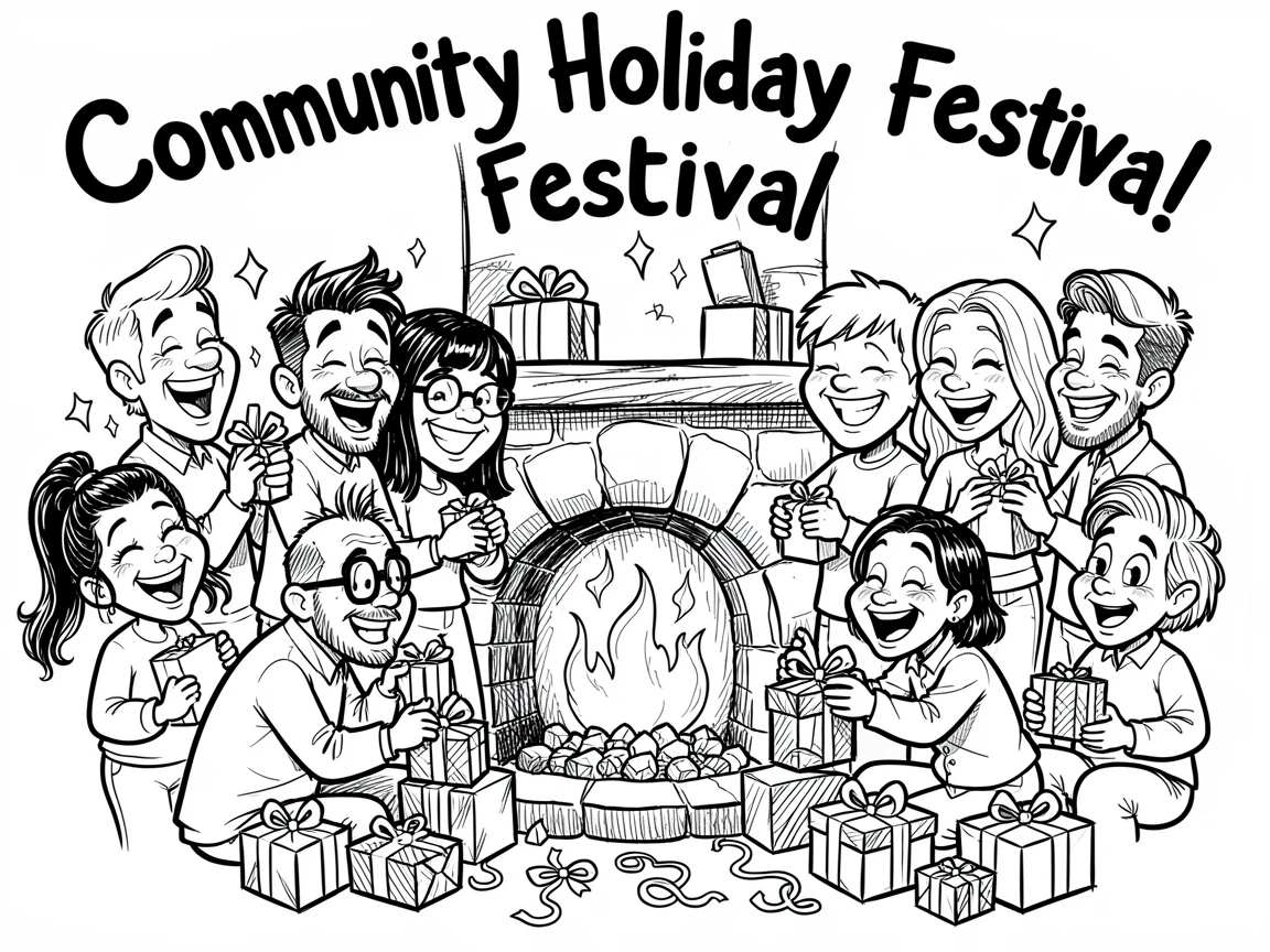 [Seasonal Holidays & Celebrations] Festive scene of a lively community festival crowd wrapping presents by the fireplace, full of celebration and joy