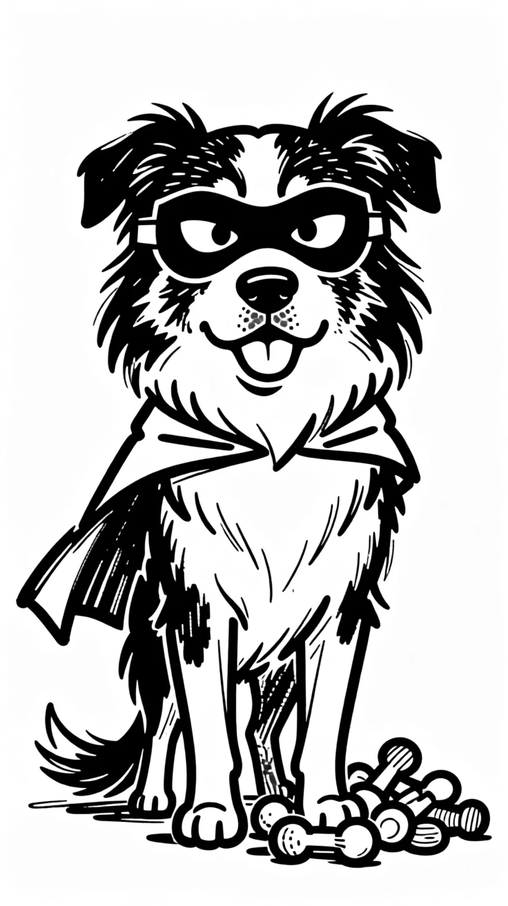 A australian shepherd wearing a tiny cape and mask, guarding a pile of toys heroically.