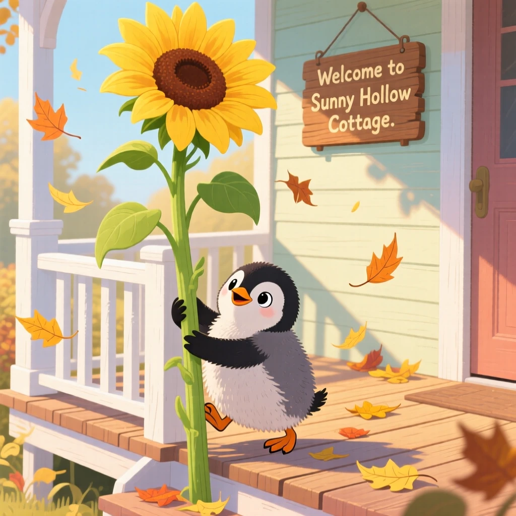 In a cottage porch, a waddling penguin chick spends the afternoon climbing a giant sunflower stalk, with a trail of fallen leaves swirling around.