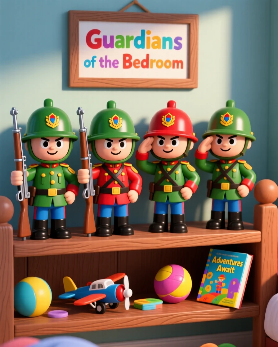 A collection of toy soldiers standing guard on a bedroom shelf.