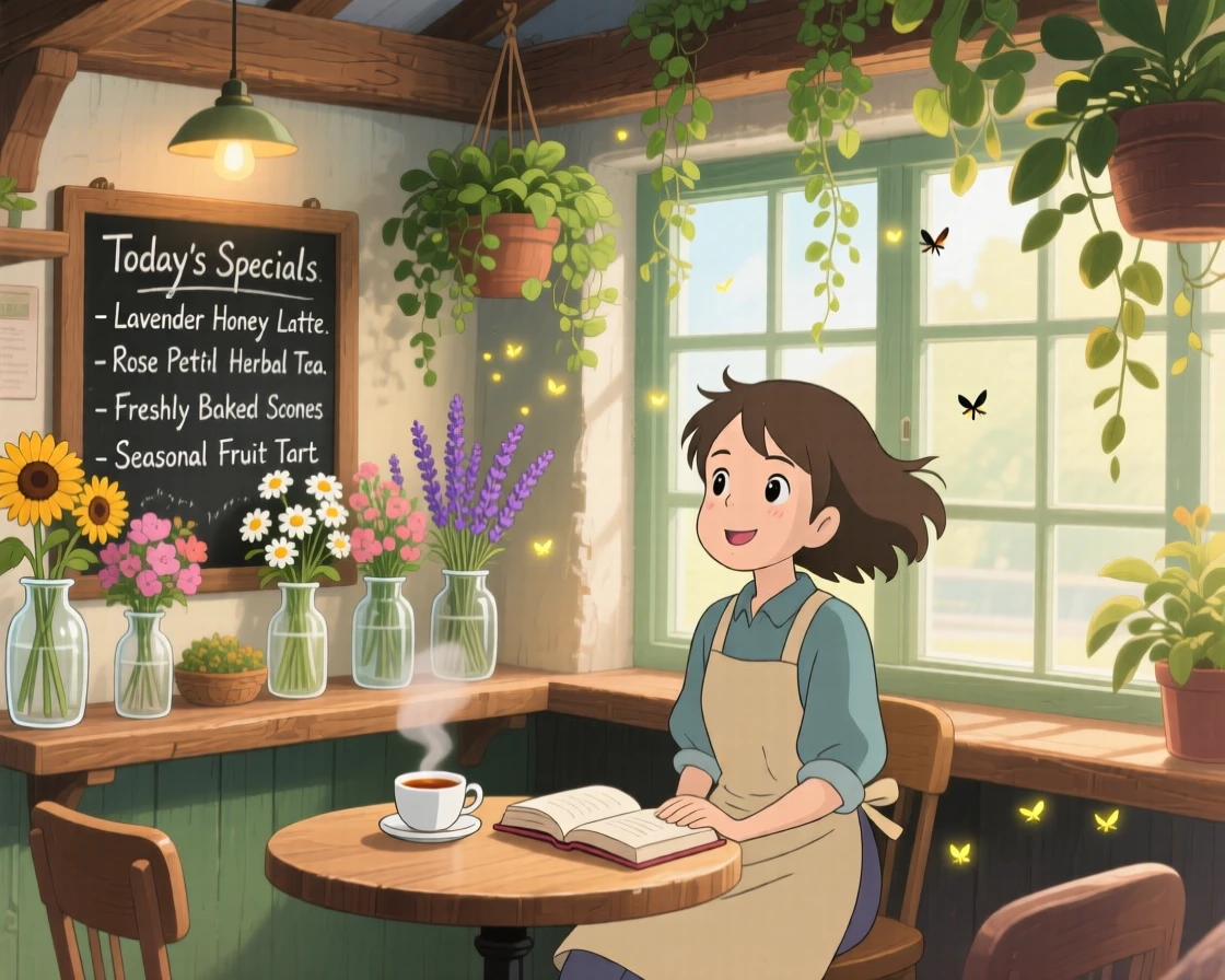 A warm, inviting scene of a cozy café corner with a chalkboard menu and hanging plants, with fresh flowers arranged nearby.
