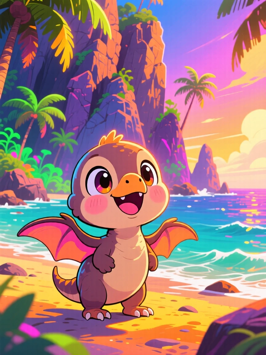 In a dramatic prehistoric coastline, a baby pterodactyl is learning to glide between rocky cliffs on a warm tropical afternoon, bathed in neon-lit glow, expression full of giggling amusement. Shot as a waist-up portrait.