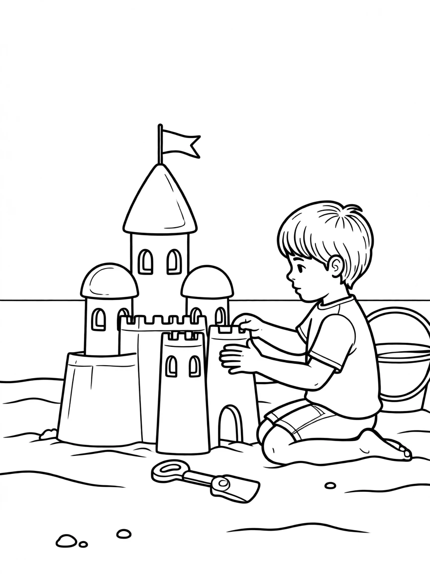 A child building a sandcastle with detailed towers