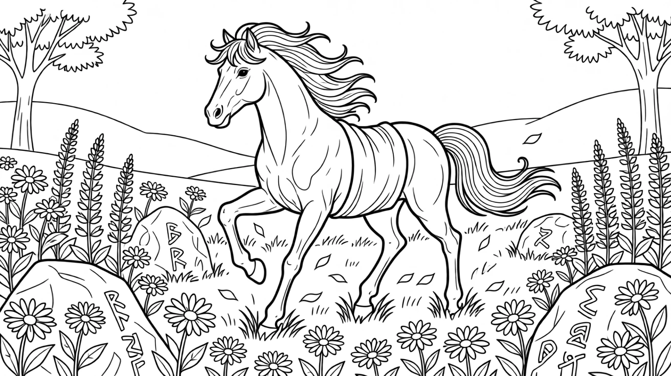 A centaur galloping through a flowering meadow, with glowing runes etched into the surrounding stones.
