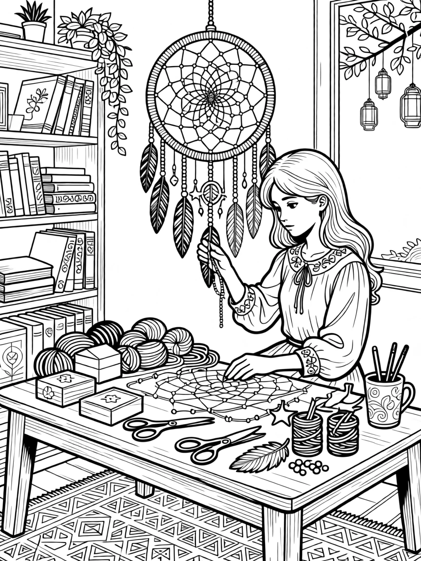 A dreamcatcher weaver at work.